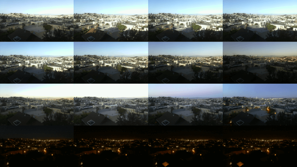 Sequence of 16 images showing a city during sunset