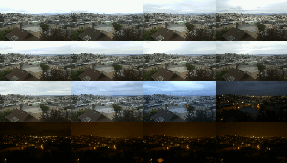Sequence of 16 images showing a city during sunset