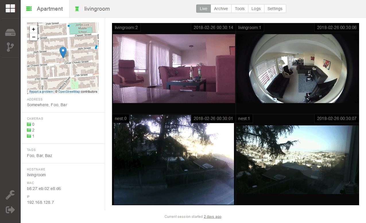 Screenshot of experimental security camera surveillance monitor web interface